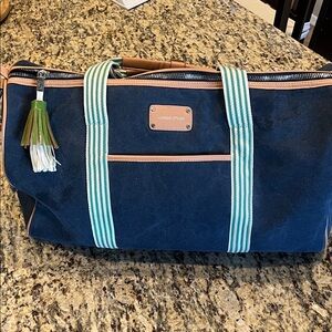 Adrienne Vittadini Navy Canvas Duffel with Green-White Striped Handles